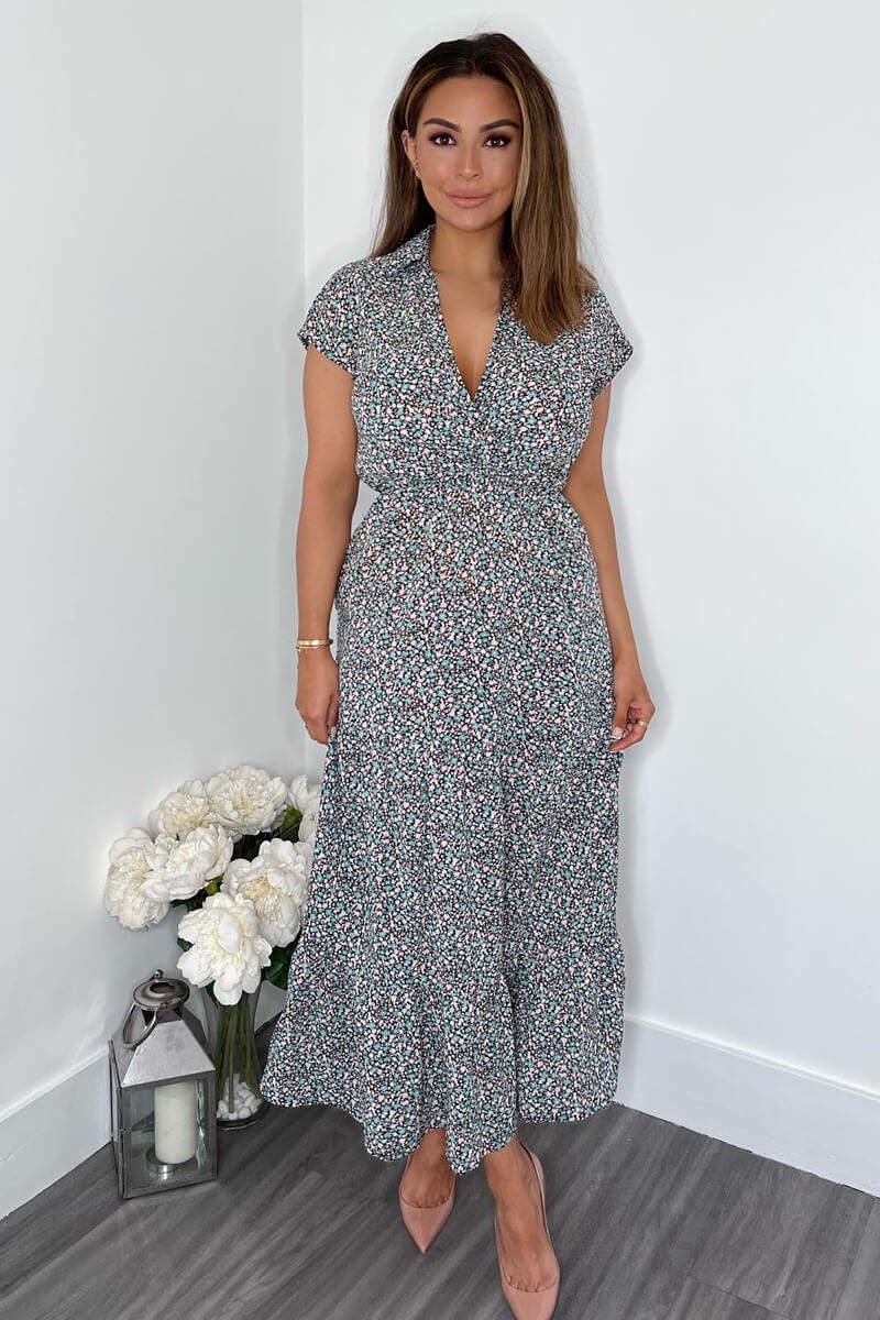 Ax Paris Black Floral Print Short Sleeved V-Neck Midi Smock Dress