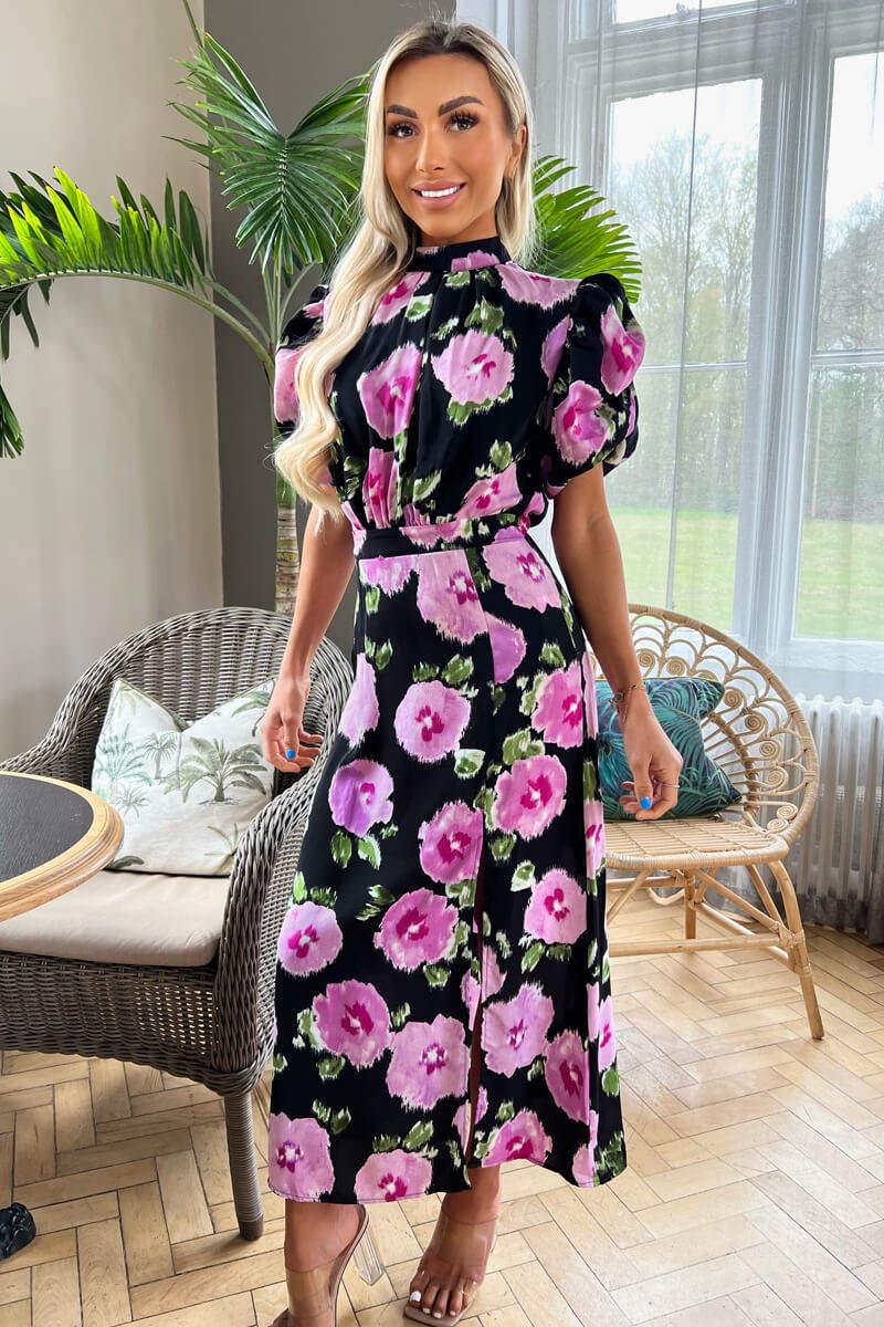 Ax Paris Black Floral Printed Short Puff Sleeve Midi Dress