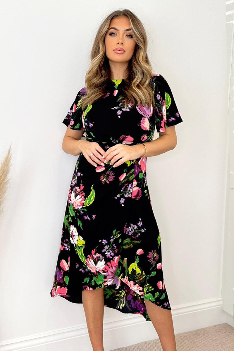 Ax Paris Black Floral Printed Short Sleeve Gathered Side Midi Dress