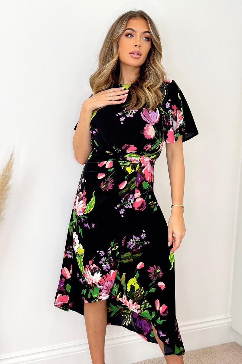 Ax Paris Black Floral Printed Short Sleeve Gathered Side Midi Dress