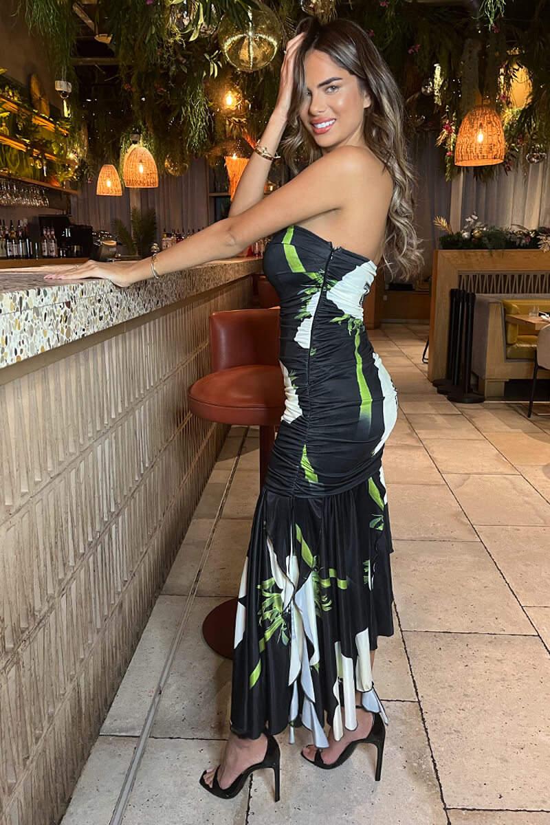 Ax Paris Black Floral Printed Strapless Ruched Midi Dress