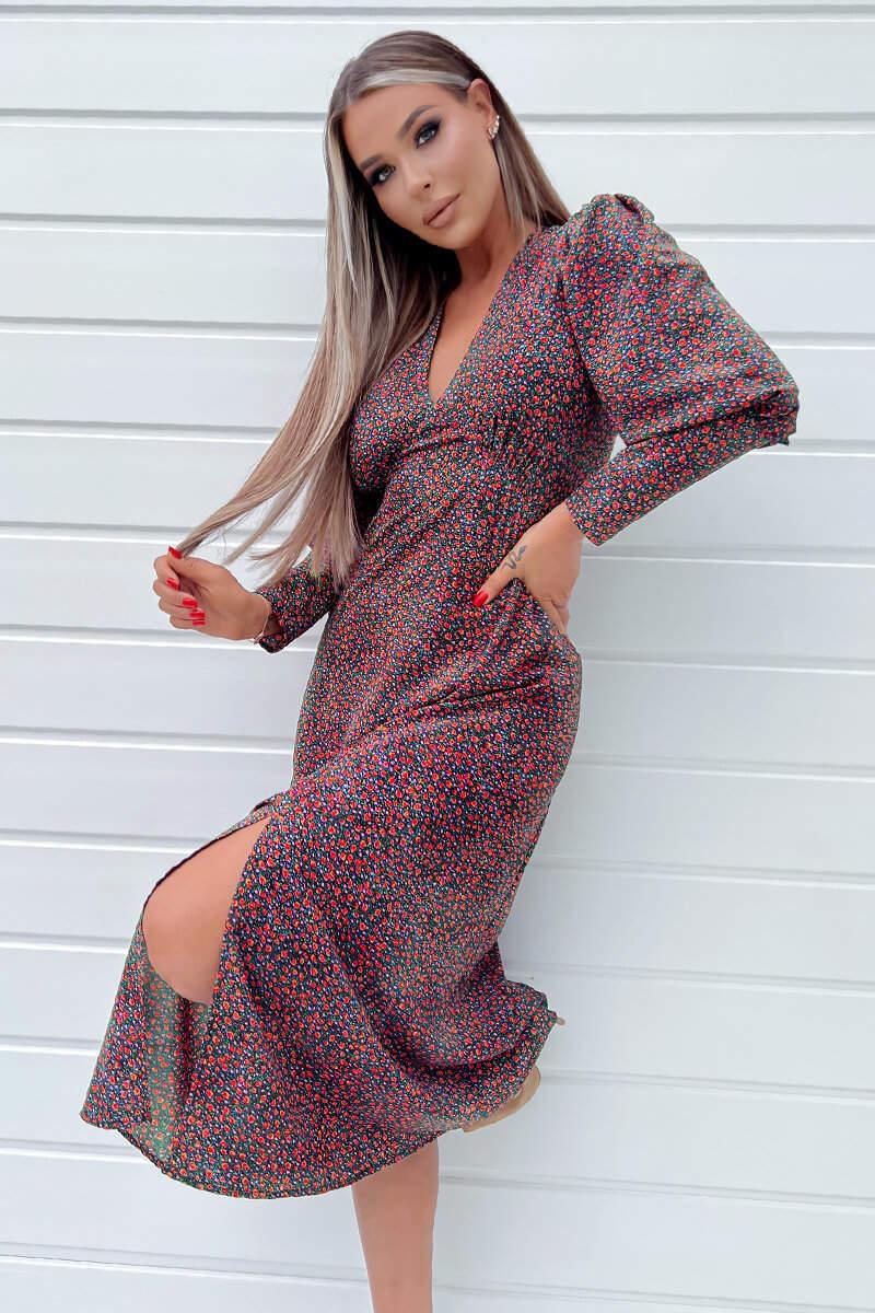 Ax Paris Black Floral Printed V-Neck Long Sleeve Midi Dress