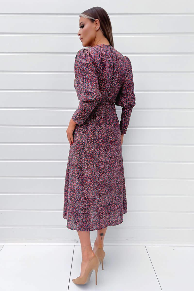 Ax Paris Black Floral Printed V-Neck Long Sleeve Midi Dress