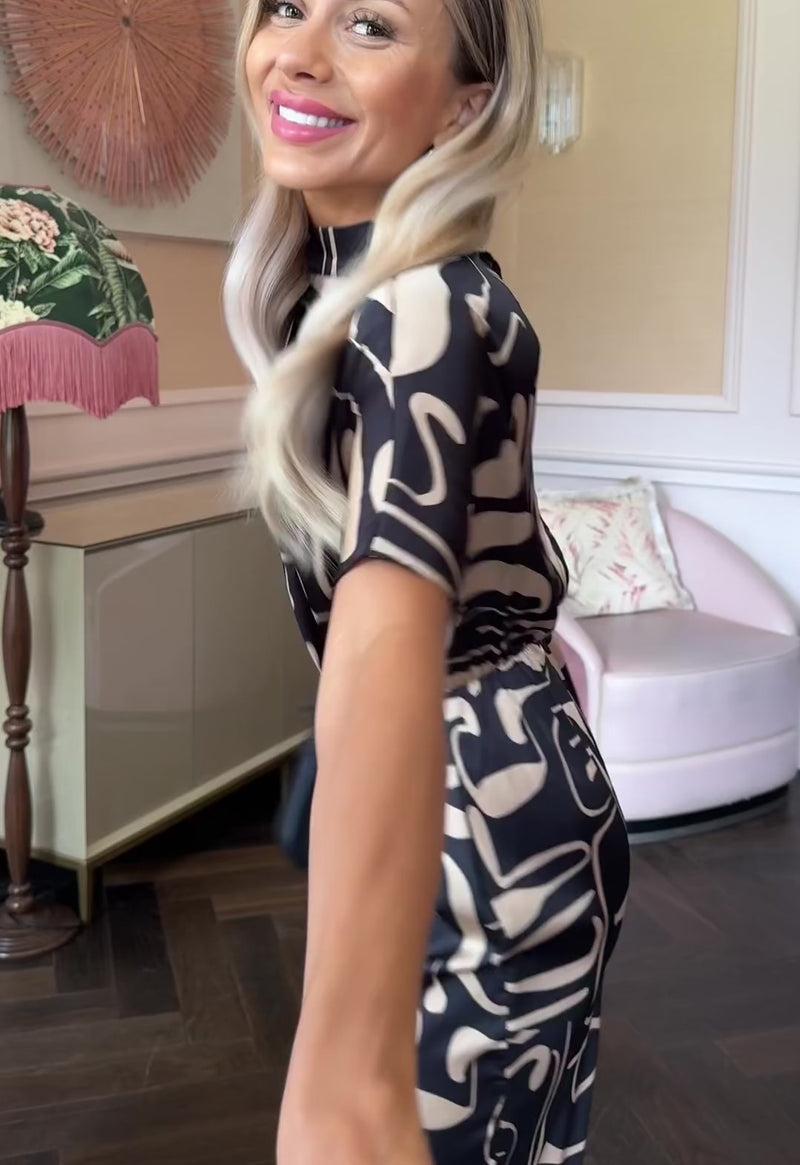 Ax Paris Black Geometric Pattern High Neck Wrap Skirt Midi Dress