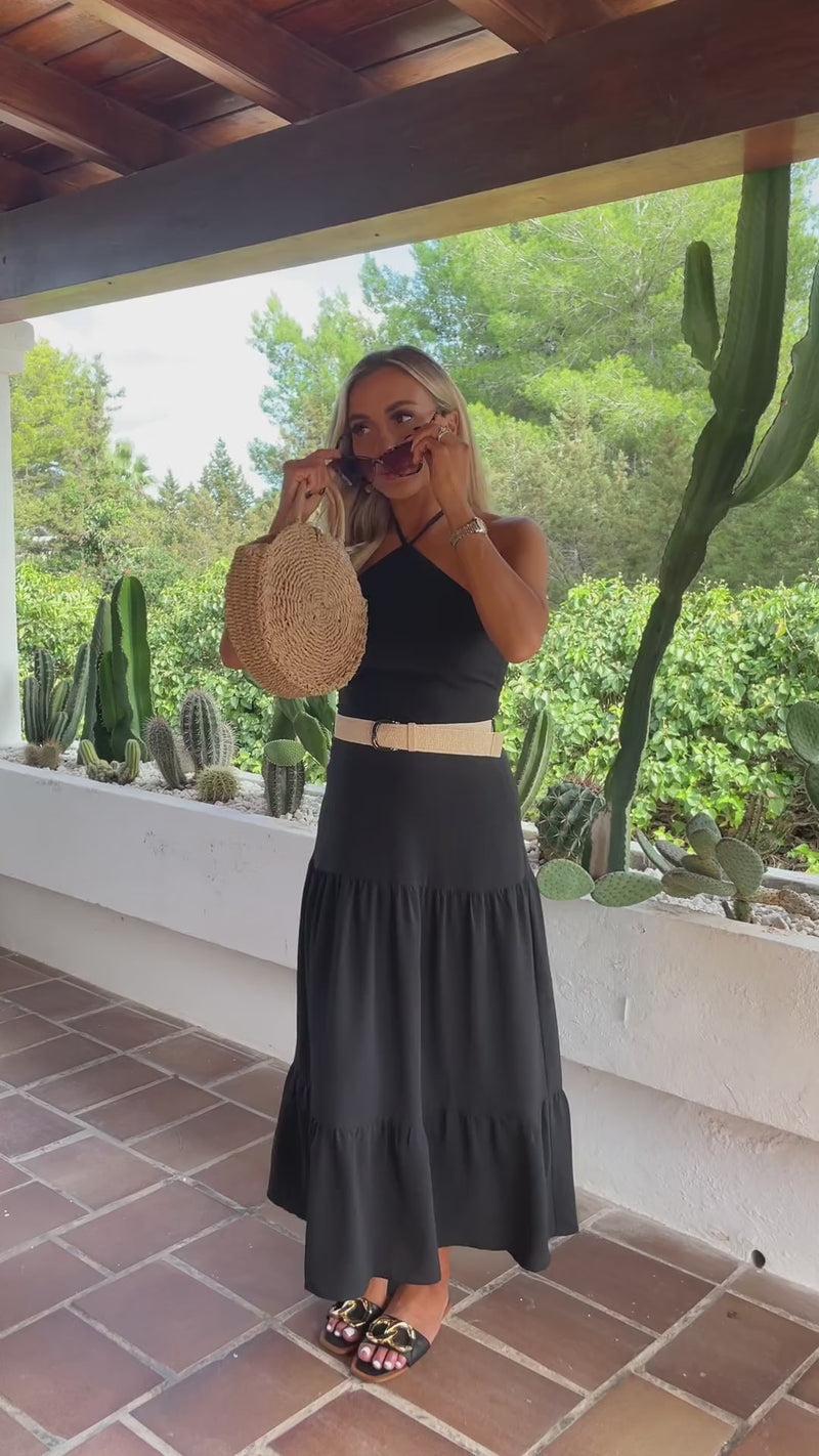 Ax Paris Black Halterneck Straw Belt Tiered Midi Dress