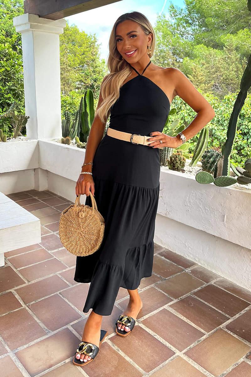 Ax Paris Black Halterneck Straw Belt Tiered Midi Dress