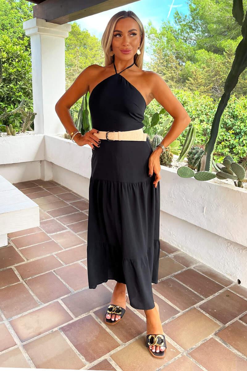 Ax Paris Black Halterneck Straw Belt Tiered Midi Dress