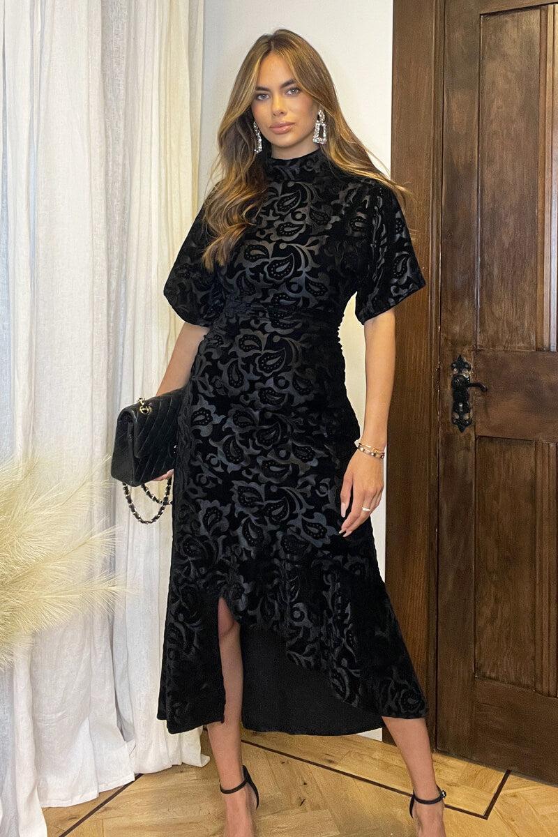 Ax Paris Black Jacquard Velvet Asymmetrical Hem High Neck Midi Dress