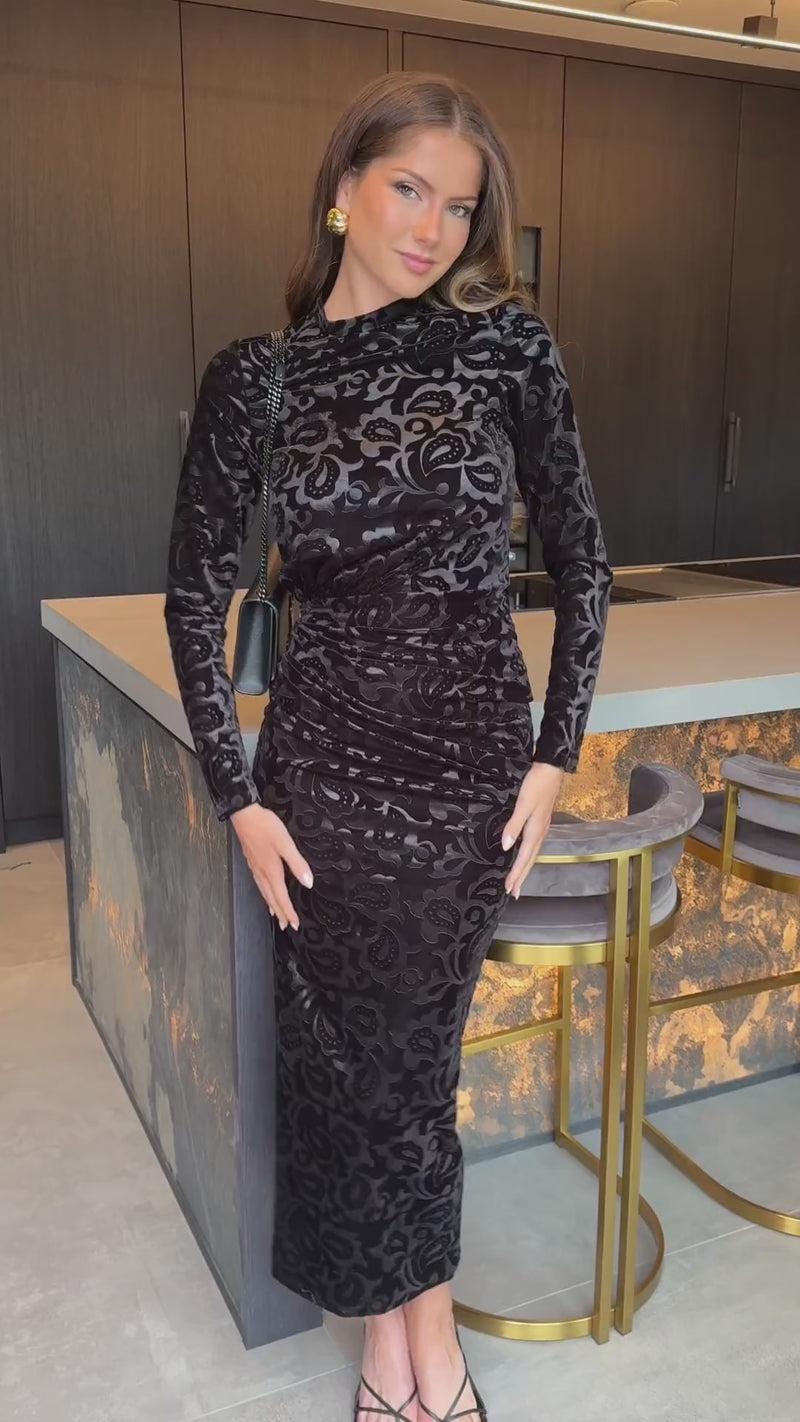 Ax Paris Black Jacquard Velvet Long Sleeve Gathered Side Midi Dress