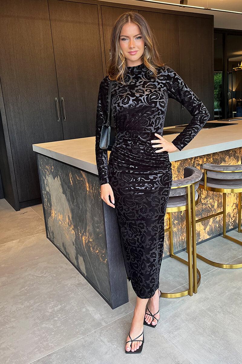 Ax Paris Black Jacquard Velvet Long Sleeve Gathered Side Midi Dress