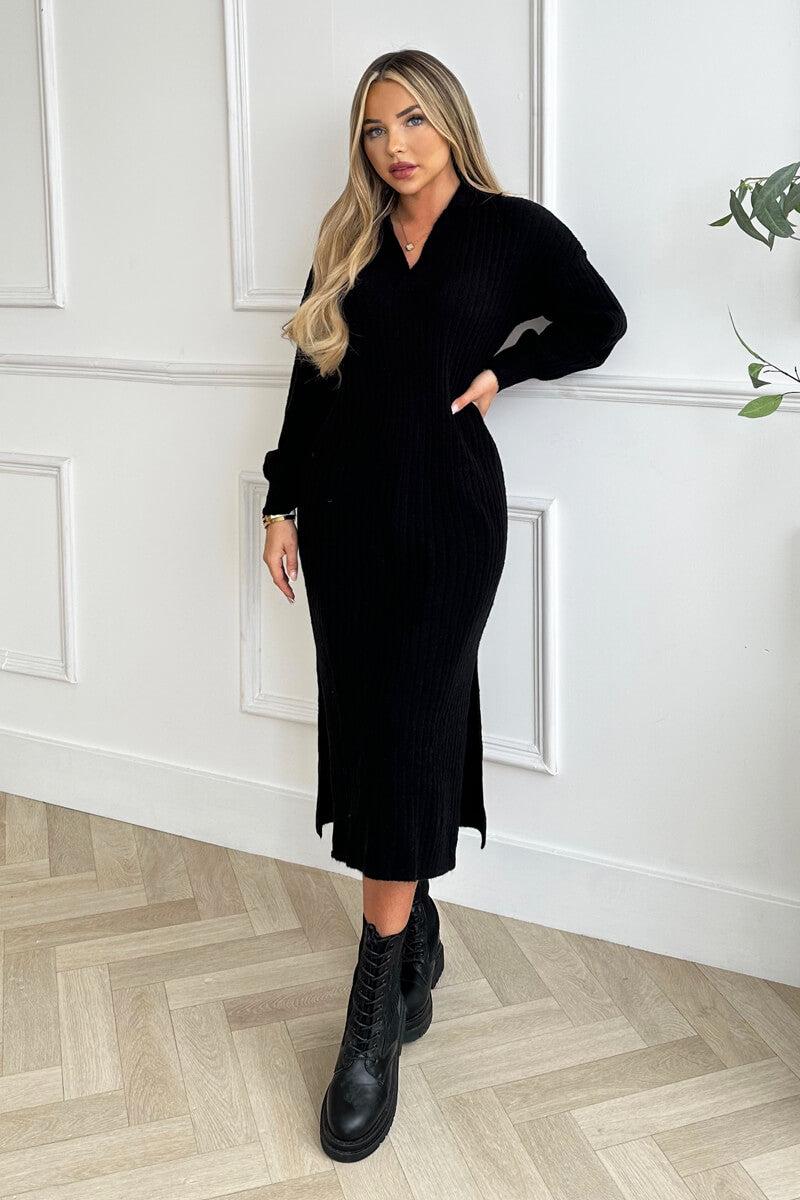 Ax Paris Black Knit Long Sleeve Collared Midi Dress