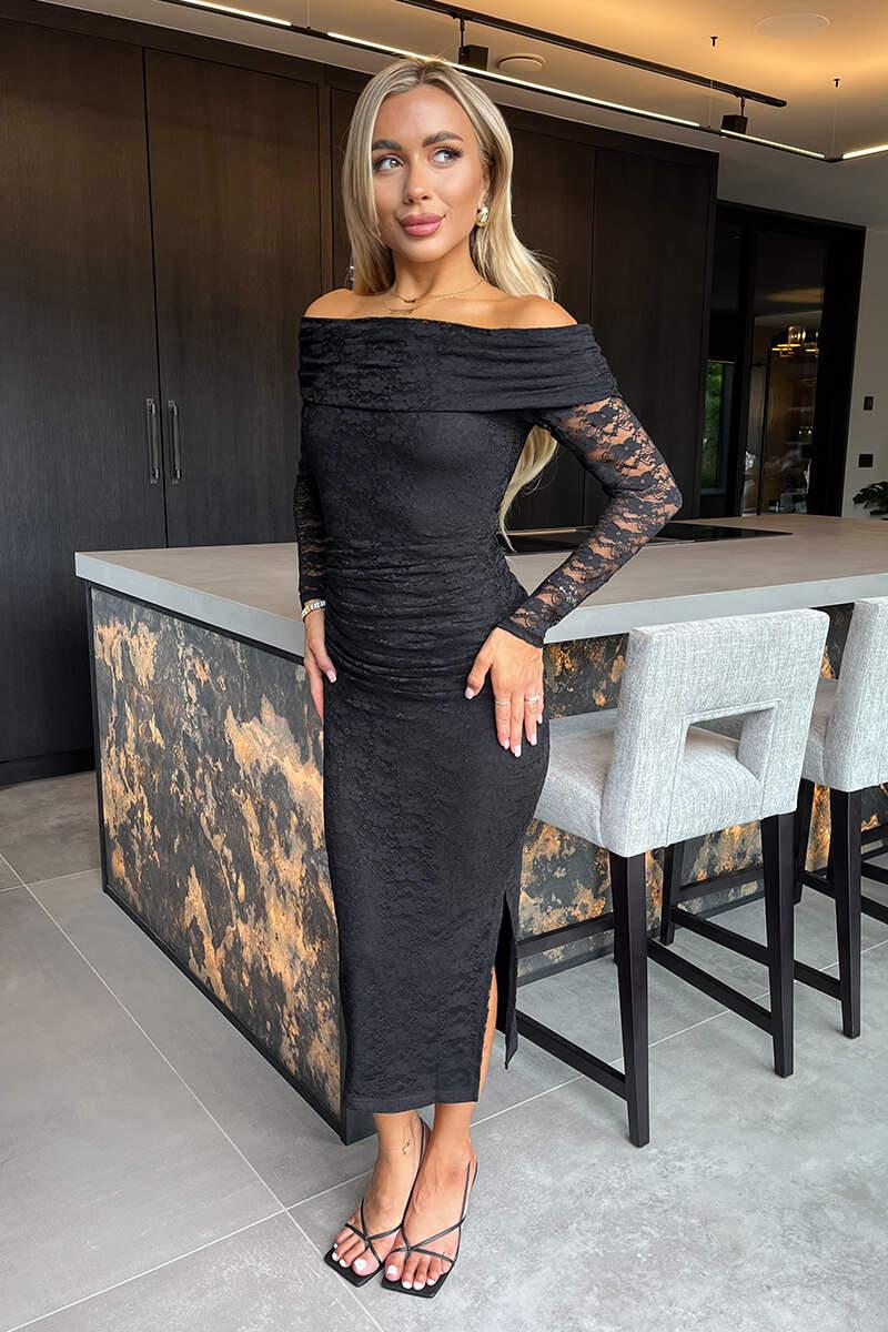 Ax Paris Black Lace Bardot Long Sleeve Ruched Bodycon Midi Dress