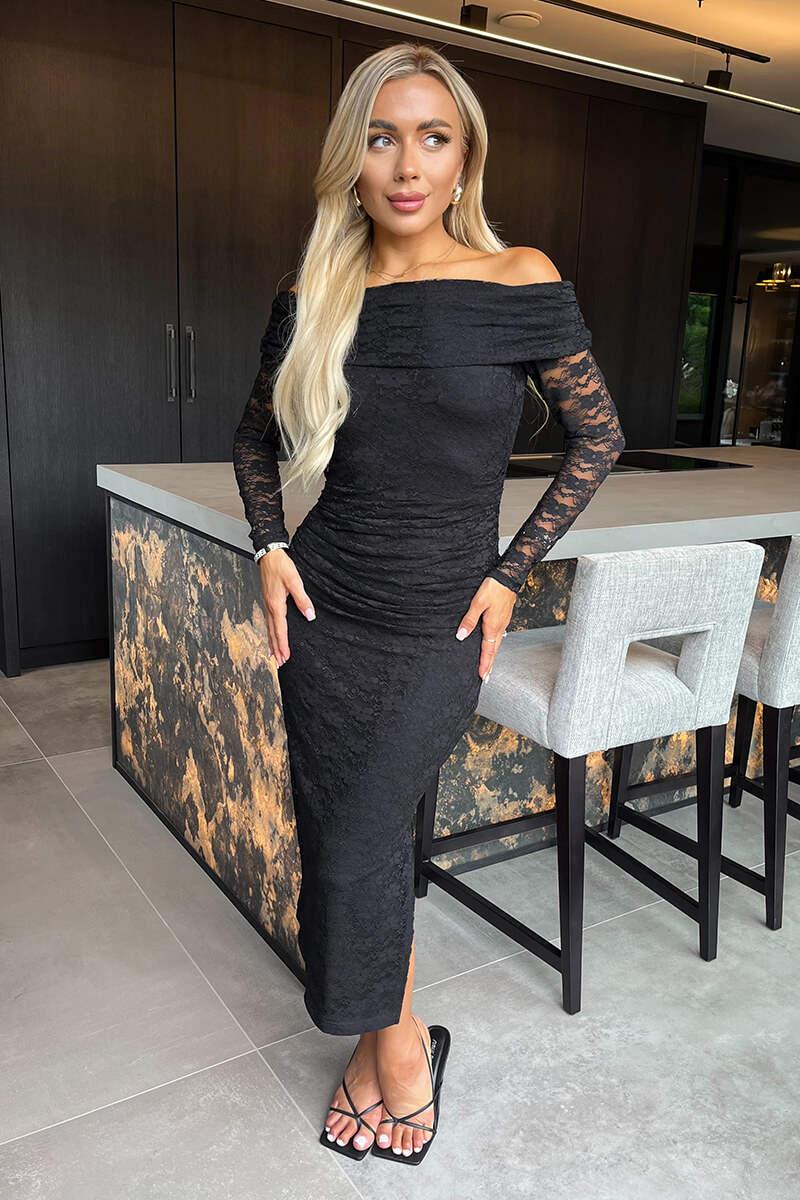 ax paris Black Lace Bardot Long Sleeve Ruched Bodycon Midi Dress