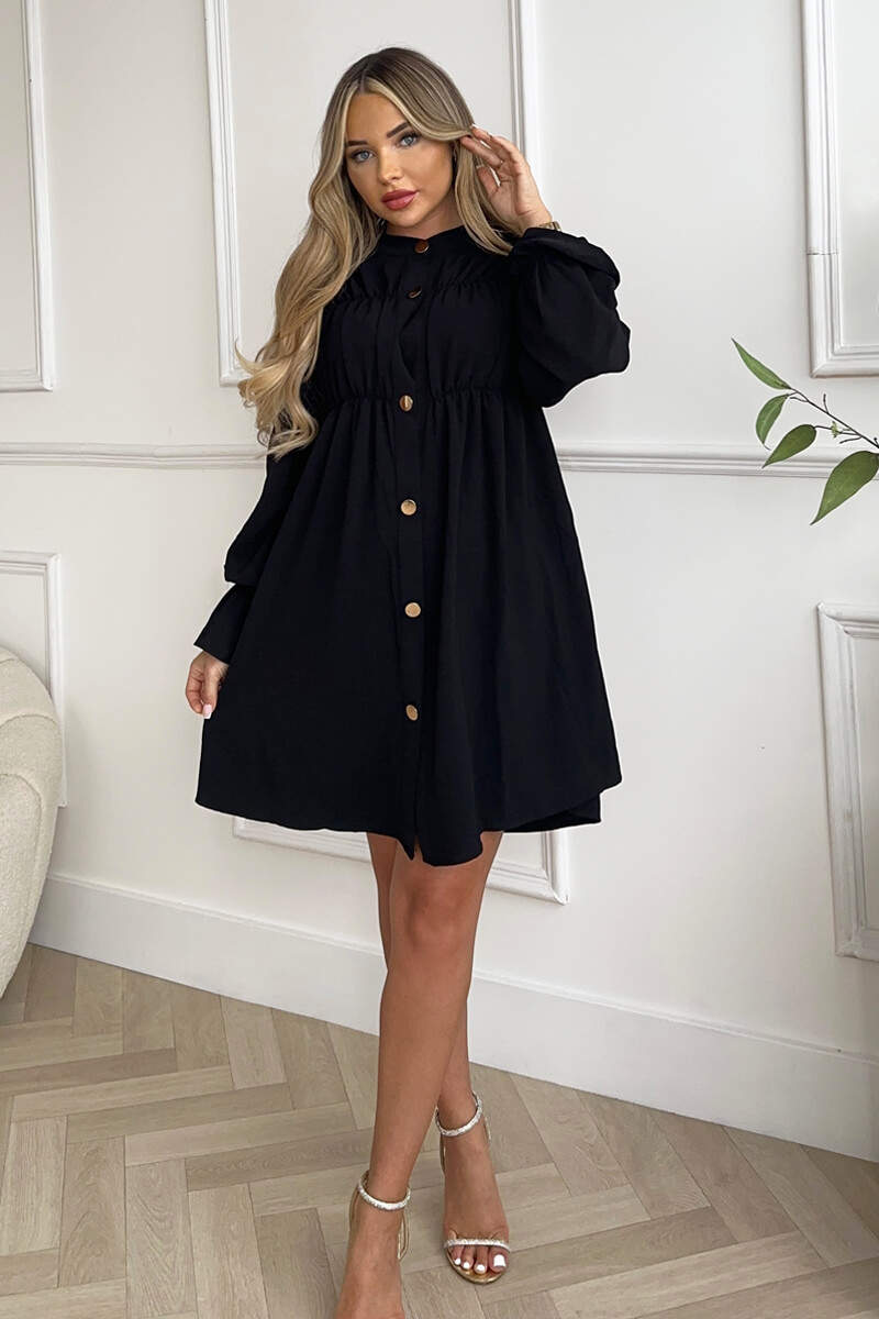 Ax Paris Black Long Sleeve Gathered Detail Button Front Dress