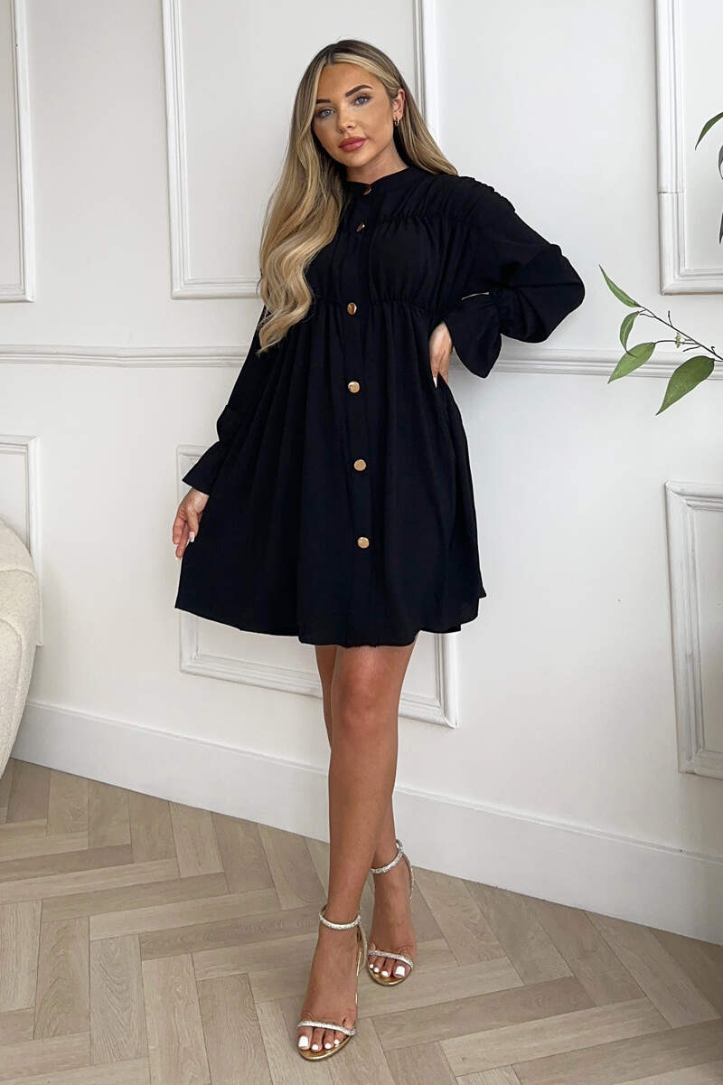 Ax Paris Black Long Sleeve Gathered Detail Button Front Dress