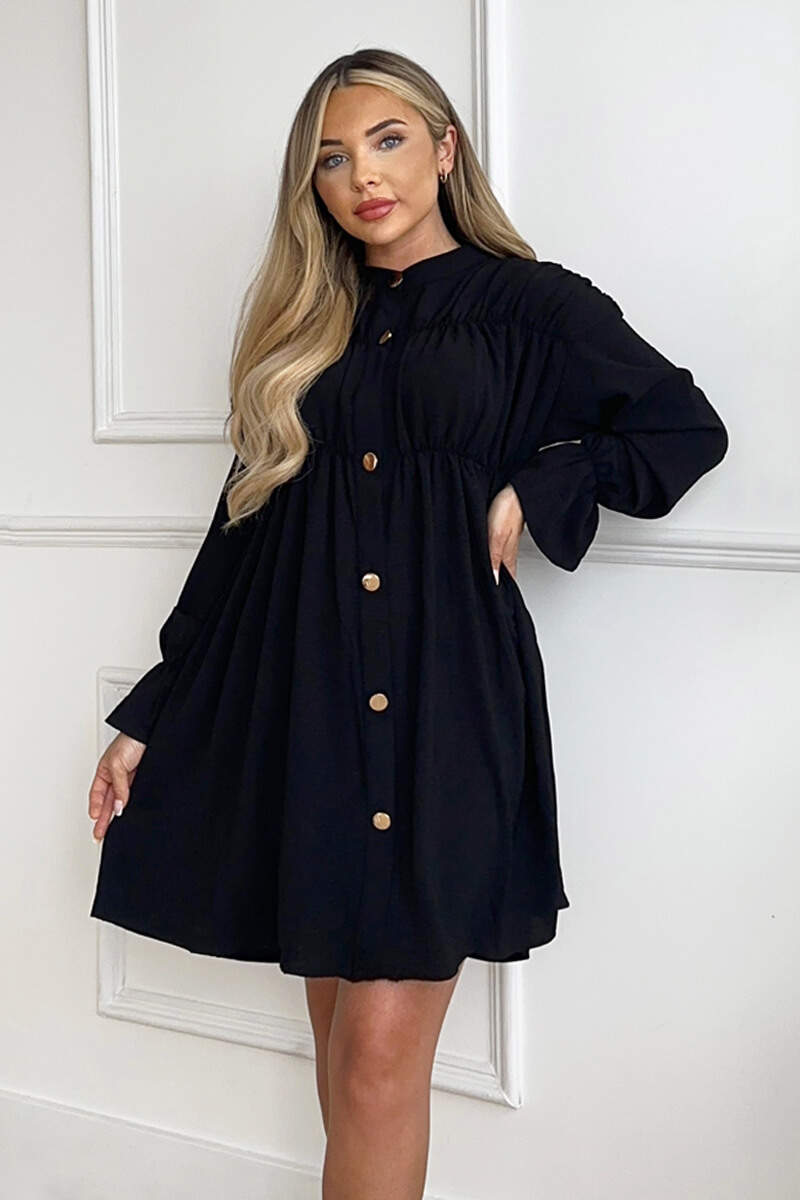 ax paris Black Long Sleeve Gathered Detail Button Front Dress