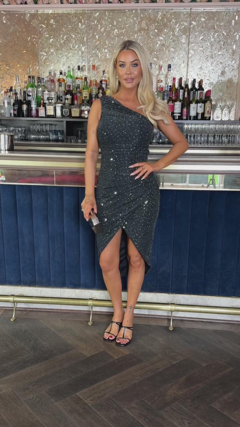 Ax Paris Black Metallic Sparkle And Sequin One Shoulder Draped Wrap Skirt Midi Dress