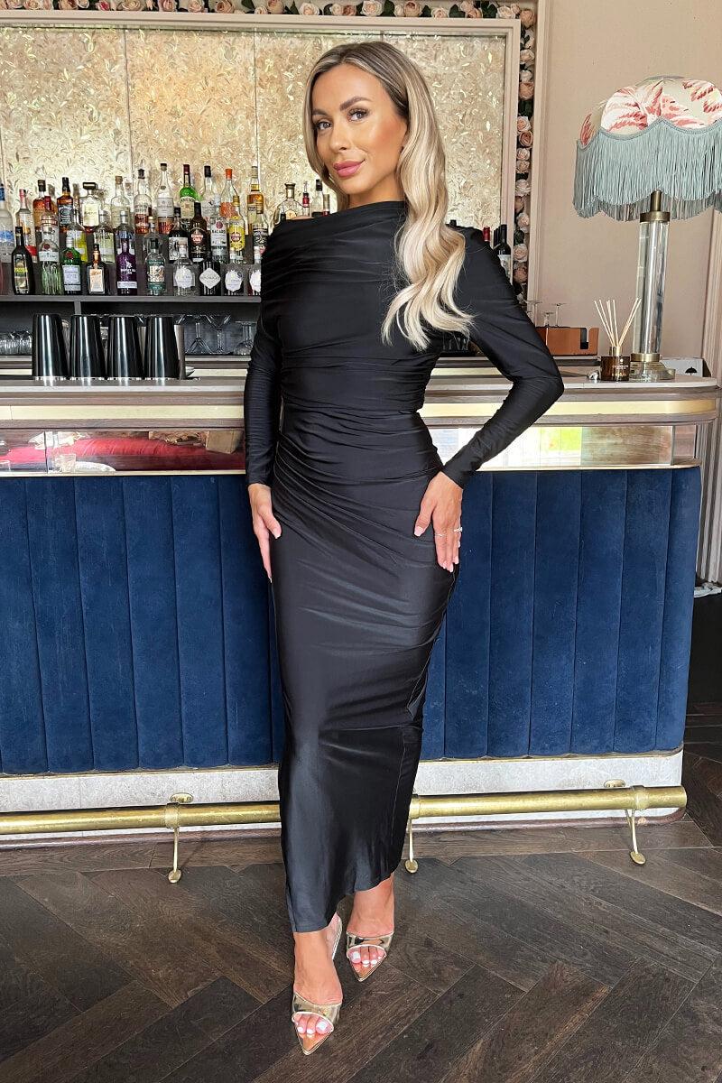 Ax Paris Black Off The Shoulder Long Sleeved Draped Midi Dress