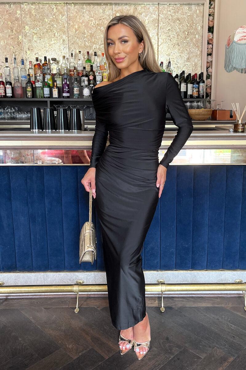 Ax Paris Black Off The Shoulder Long Sleeved Draped Midi Dress