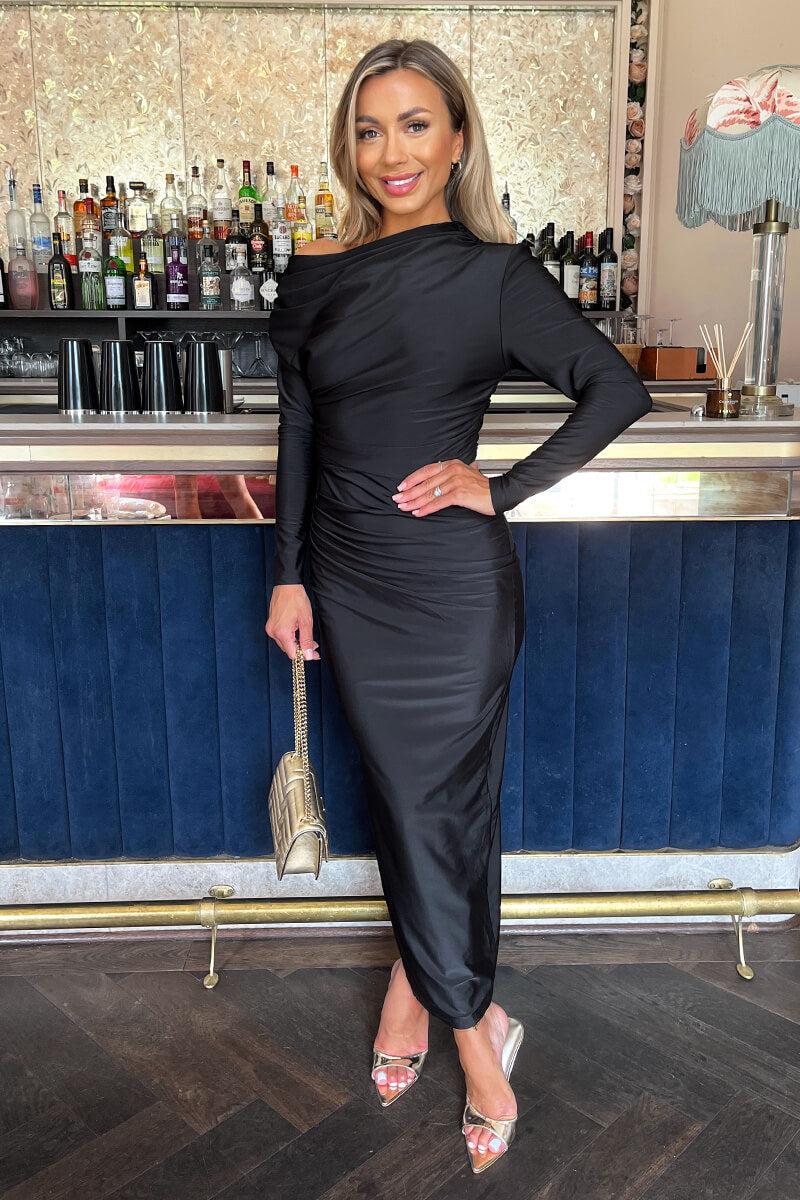 ax paris Black Off The Shoulder Long Sleeved Draped Midi Dress