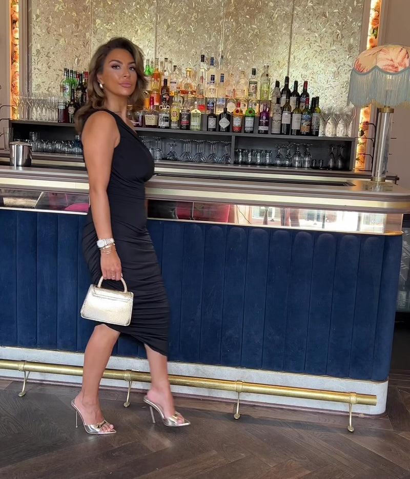 Ax Paris Black One Shoulder Asymmetric Hem Ruched Midi Dress