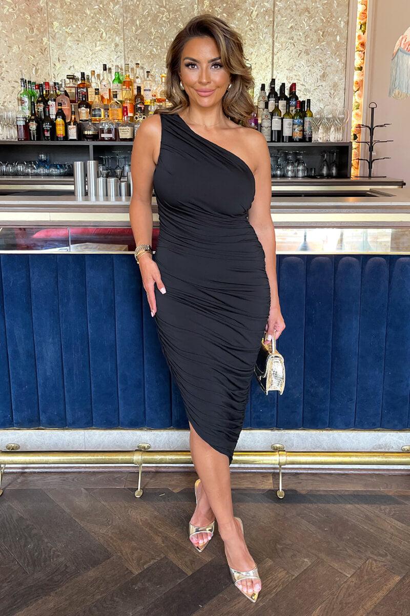 Ax Paris Black One Shoulder Asymmetric Hem Ruched Midi Dress
