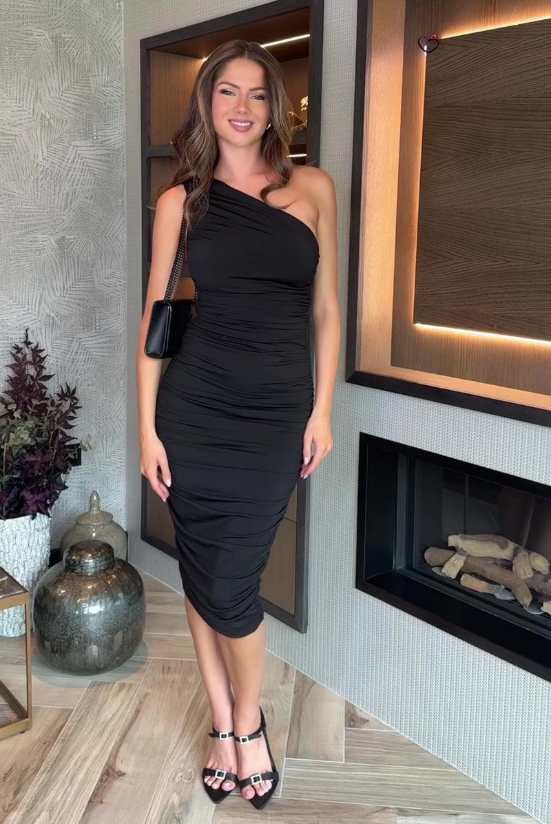 Ax Paris Black One Shoulder Bodycon Ruched Midi Dress