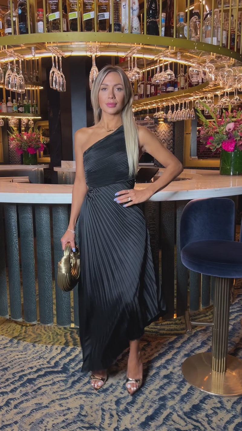 Ax Paris Black One Shoulder Pleated Satin Midi Dress