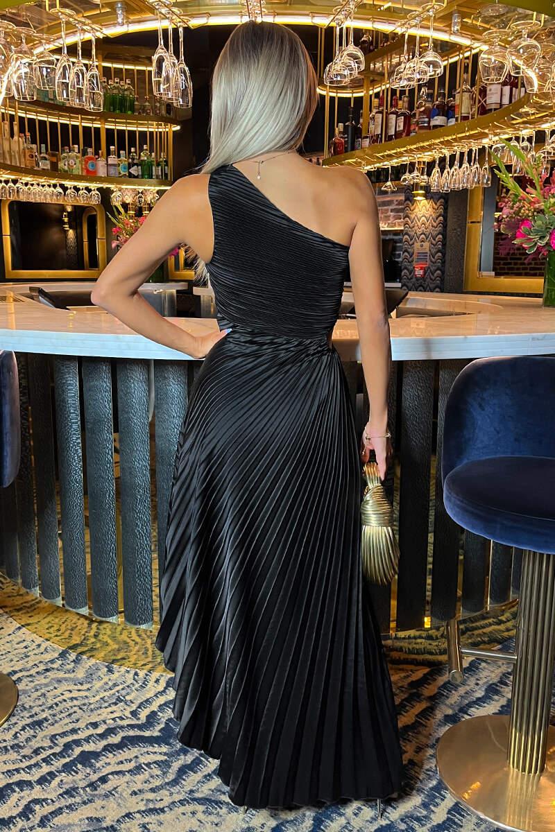 Ax Paris Black One Shoulder Pleated Satin Midi Dress