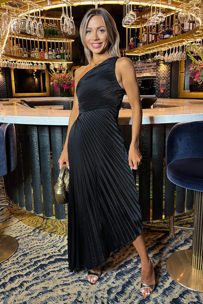 ax paris Black One Shoulder Pleated Satin Midi Dress