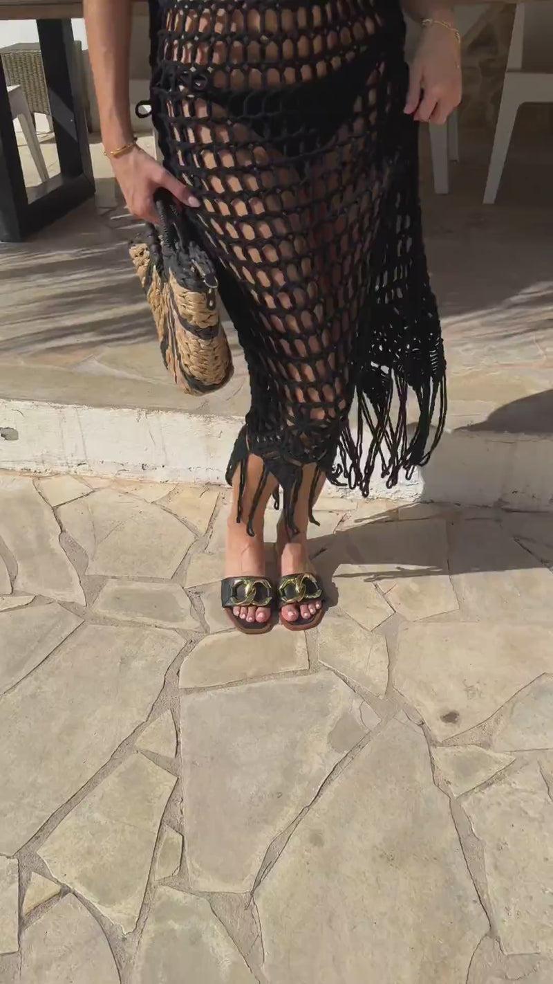 Ax Paris Black Open Stitch Crochet Tassel Midi Dress