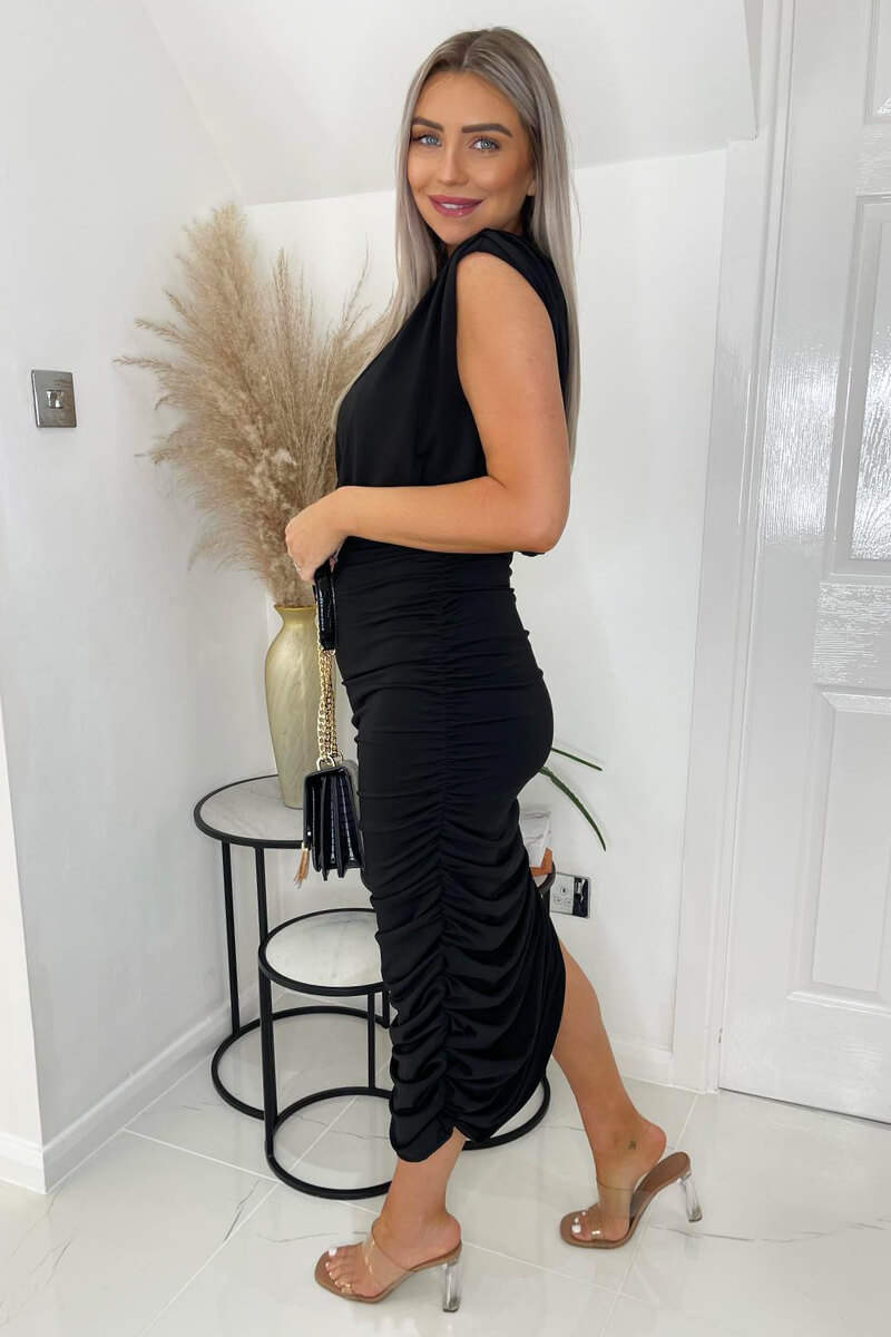 Ax Paris Black Pleated Shoulder Sleeveless Bodycon Dress