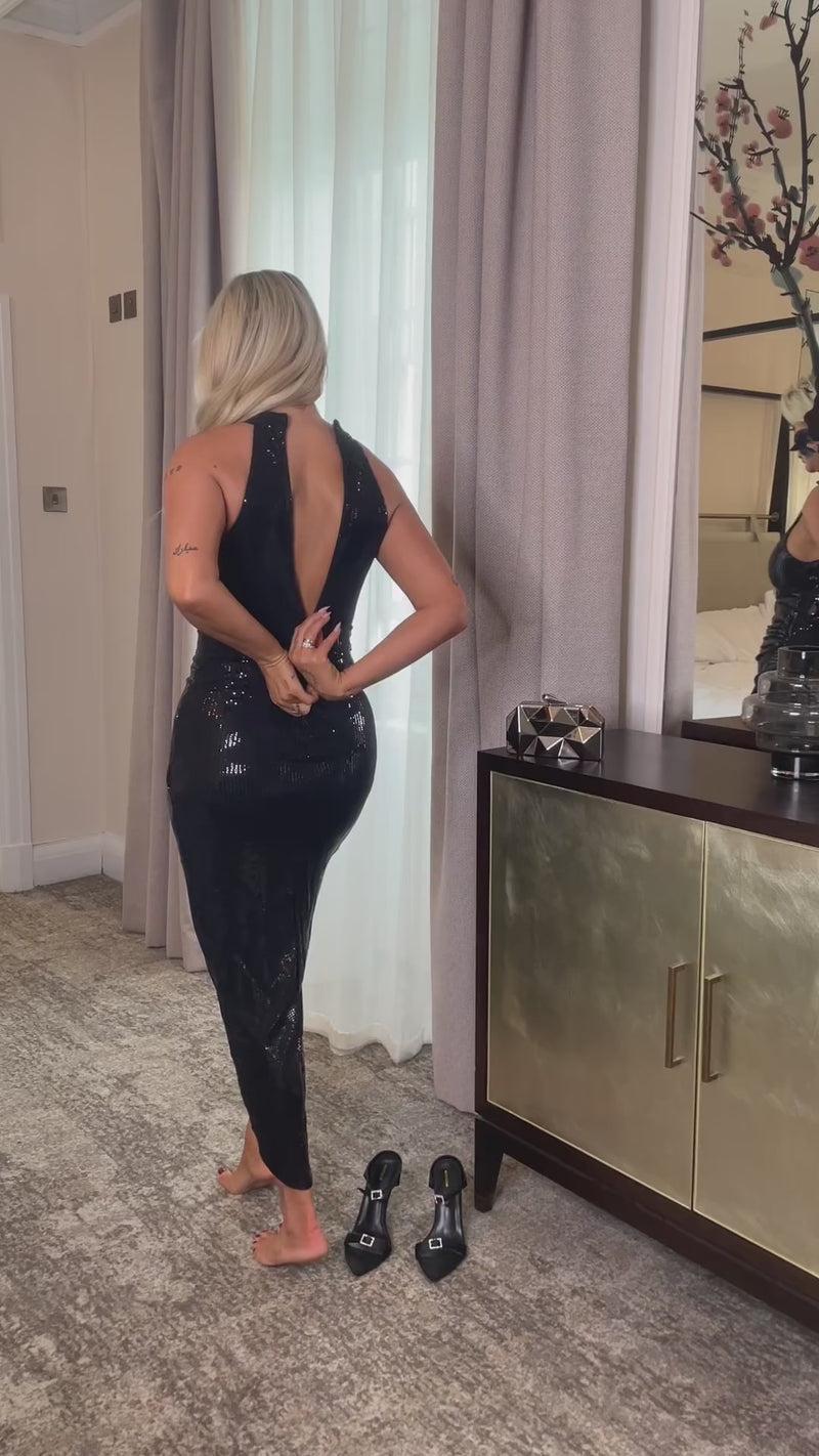 Ax Paris Black Rectangular Sequin Halter Neck Draped Wrap Skirt Midi Dress