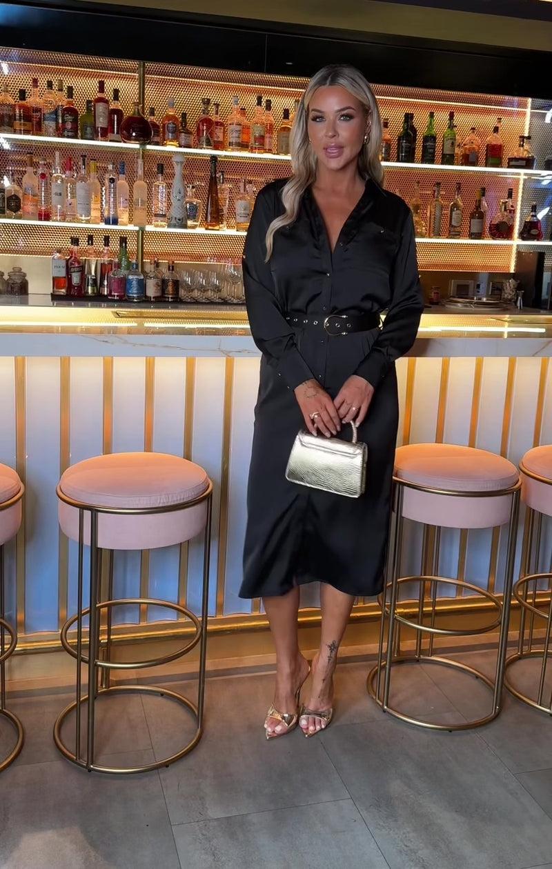 Ax Paris Black Satin Belted 3/4 Sleeve Gold Buttons Shirt Midi Dress