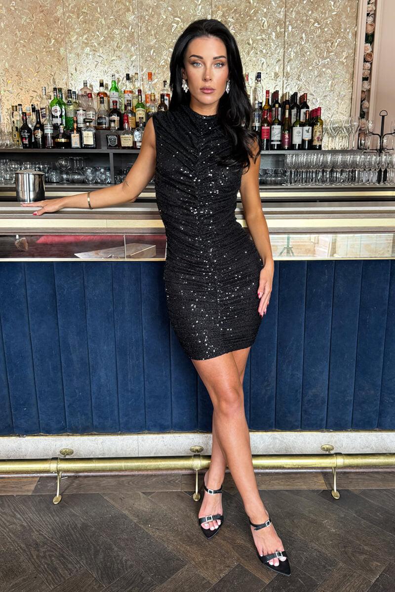 ax paris Black Sequin High Neck Ruched Bodycon Mini Dress