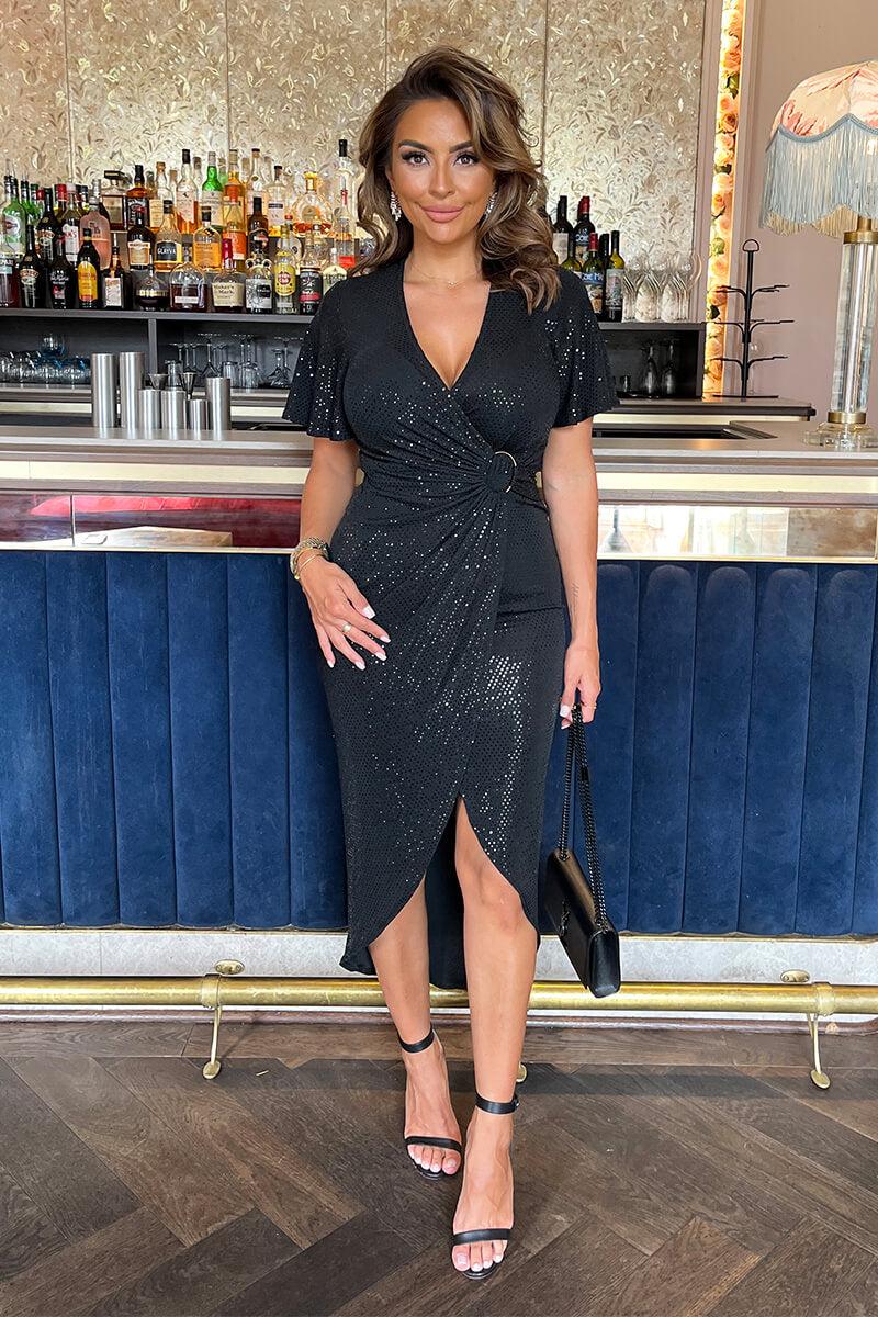 Ax Paris Black Sparkle And Sequin Short Sleeve Ring Detail Wrap Midi Dress