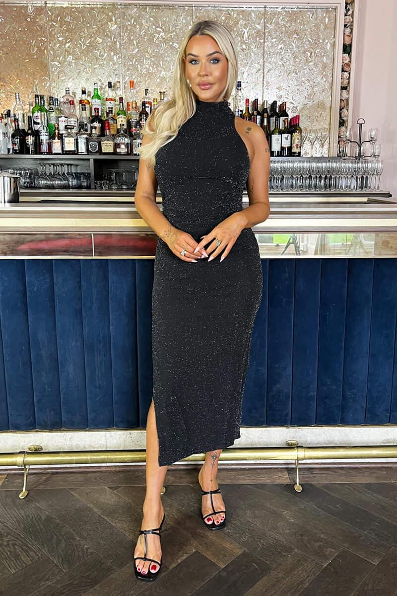 Ax Paris Black Sparkle Halter Neck Ruched Bodycon Midi Dress