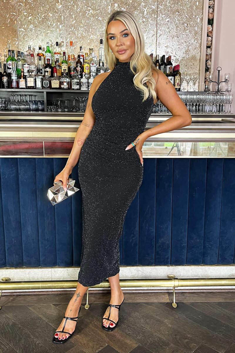 ax paris Black Sparkle Halter Neck Ruched Bodycon Midi Dress