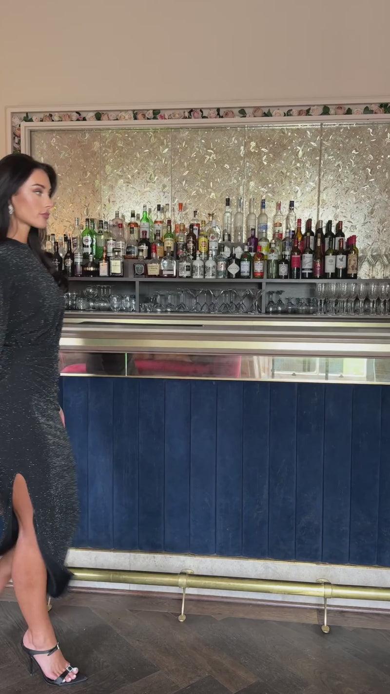 Ax Paris Black Sparkly Long Sleeve Ruched Bodycon Midi Dress