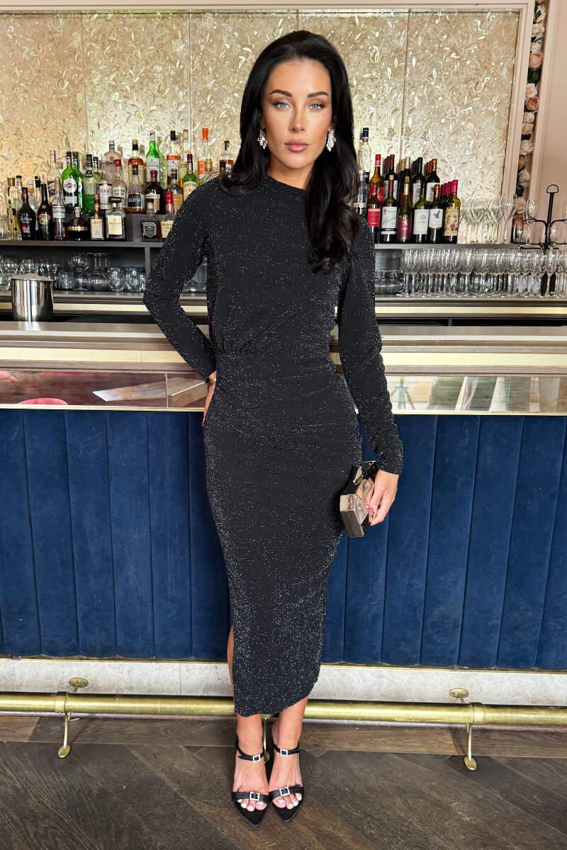 ax paris Black Sparkly Long Sleeve Ruched Bodycon Midi Dress