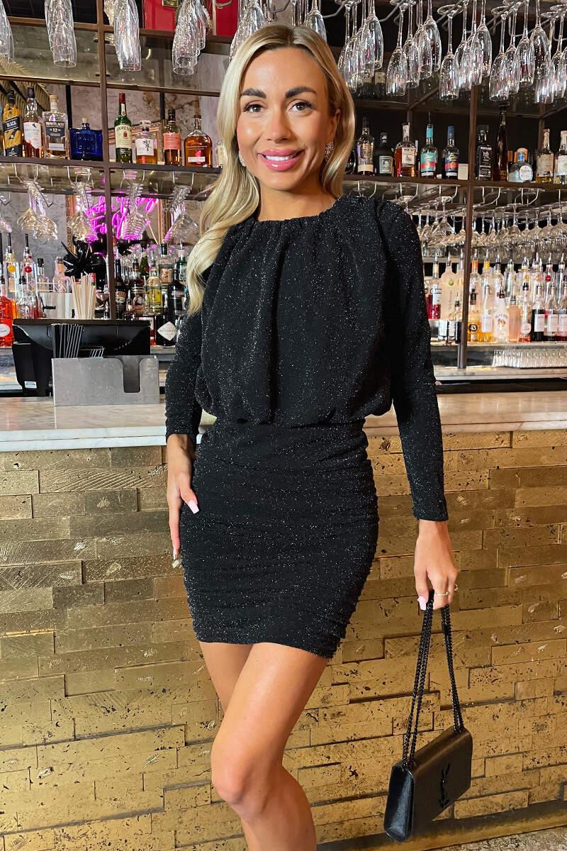 ax paris Black Sparkly Long Sleeve Ruched Mini Dress