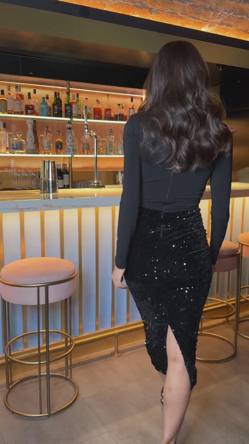 Ax Paris Black Velvet Sequin 2 In 1 Long Sleeve Midi Dress