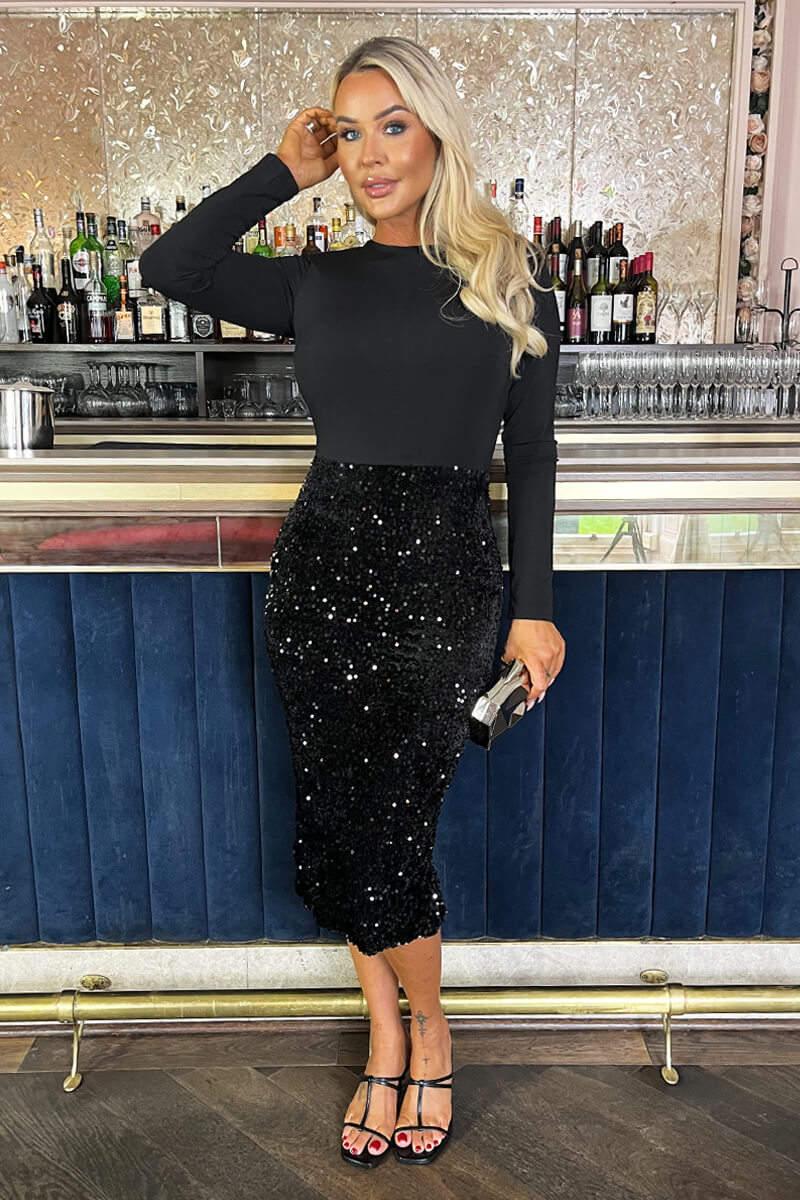 Ax Paris Black Velvet Sequin 2 In 1 Long Sleeve Midi Dress