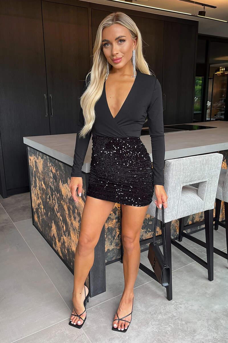 Ax Paris Black Velvet Sequin 2 In 1 Wrap Top Long Sleeve Mini Dress