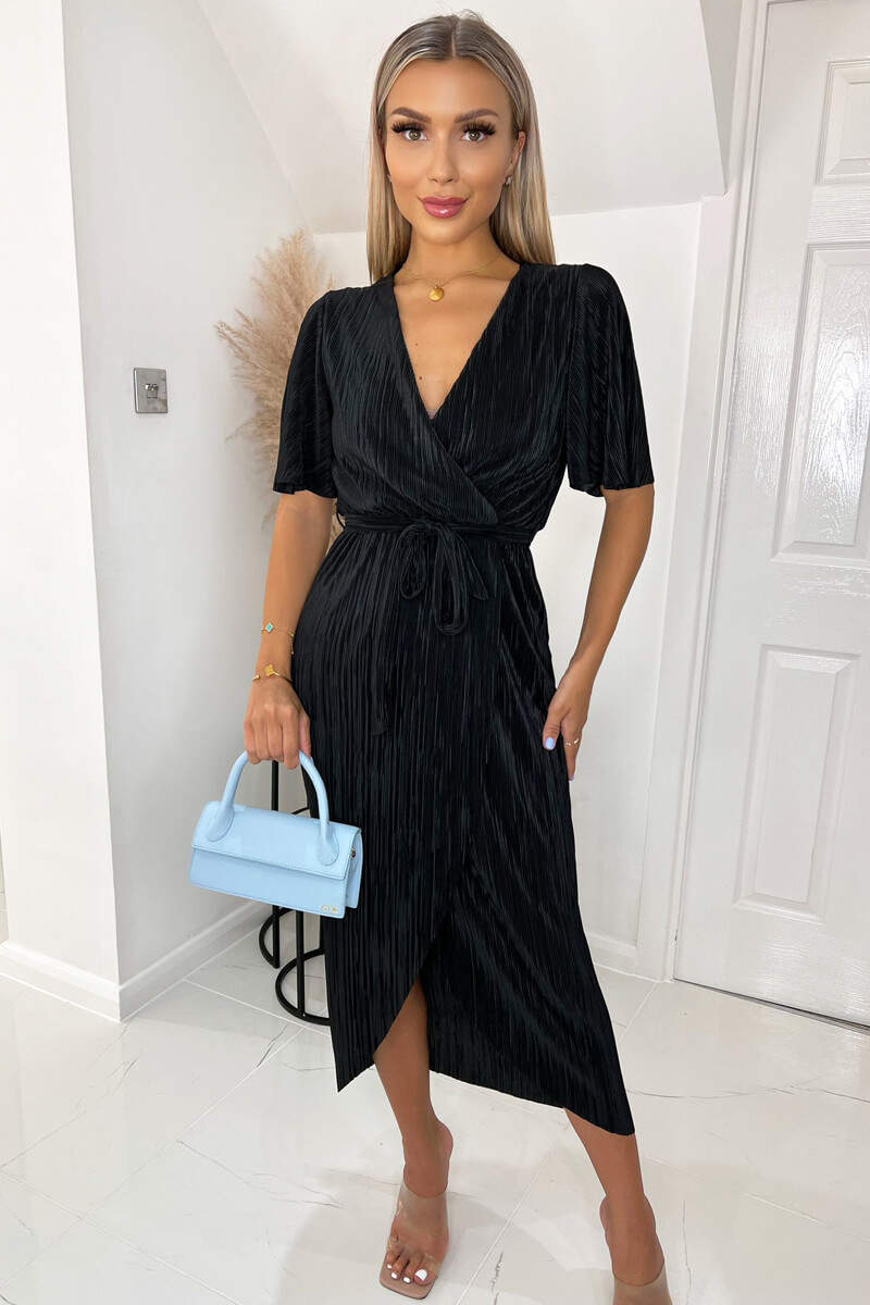 ax paris Black Wrap Top Belted Short Sleeve Plisse Midi Dress