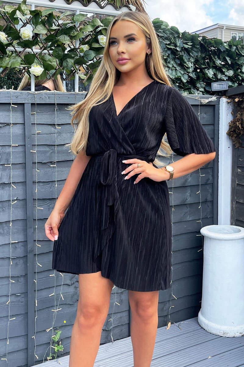 Ax Paris Black Wrap Top Belted Short Sleeve Plisse Mini Dress