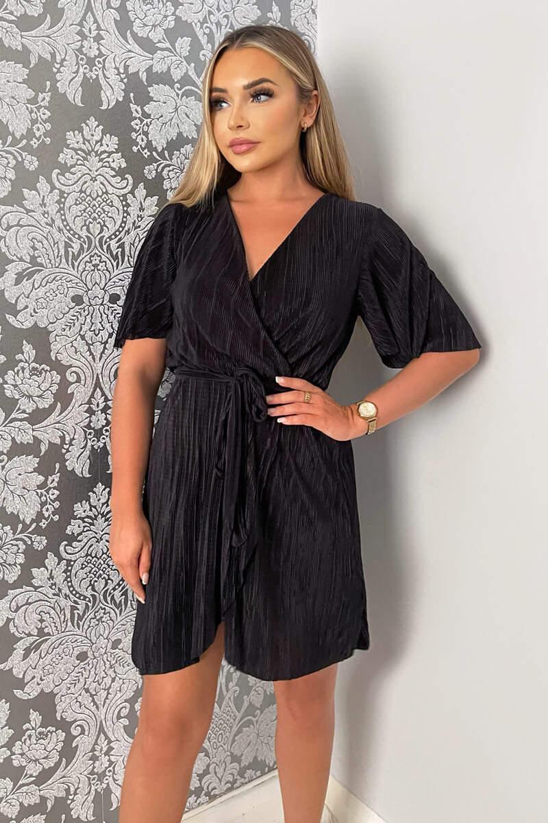 Ax Paris Black Wrap Top Belted Short Sleeve Plisse Mini Dress