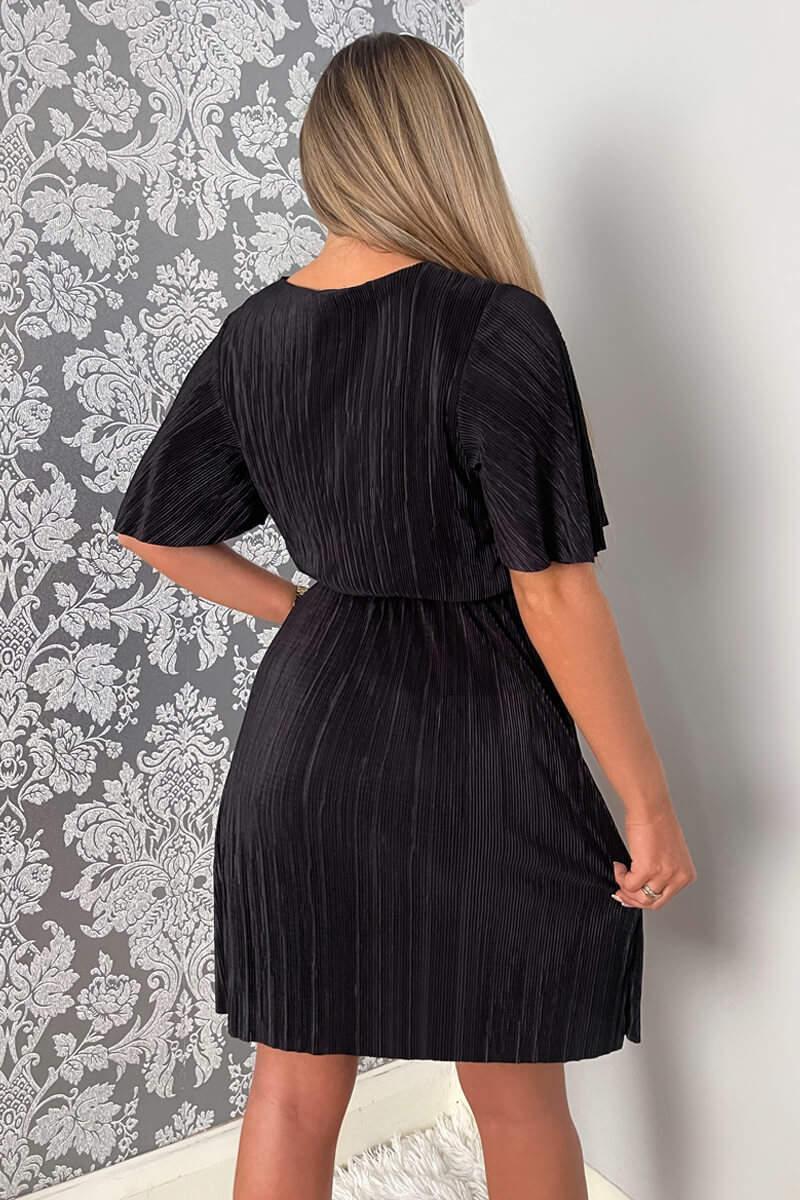 Ax Paris Black Wrap Top Belted Short Sleeve Plisse Mini Dress