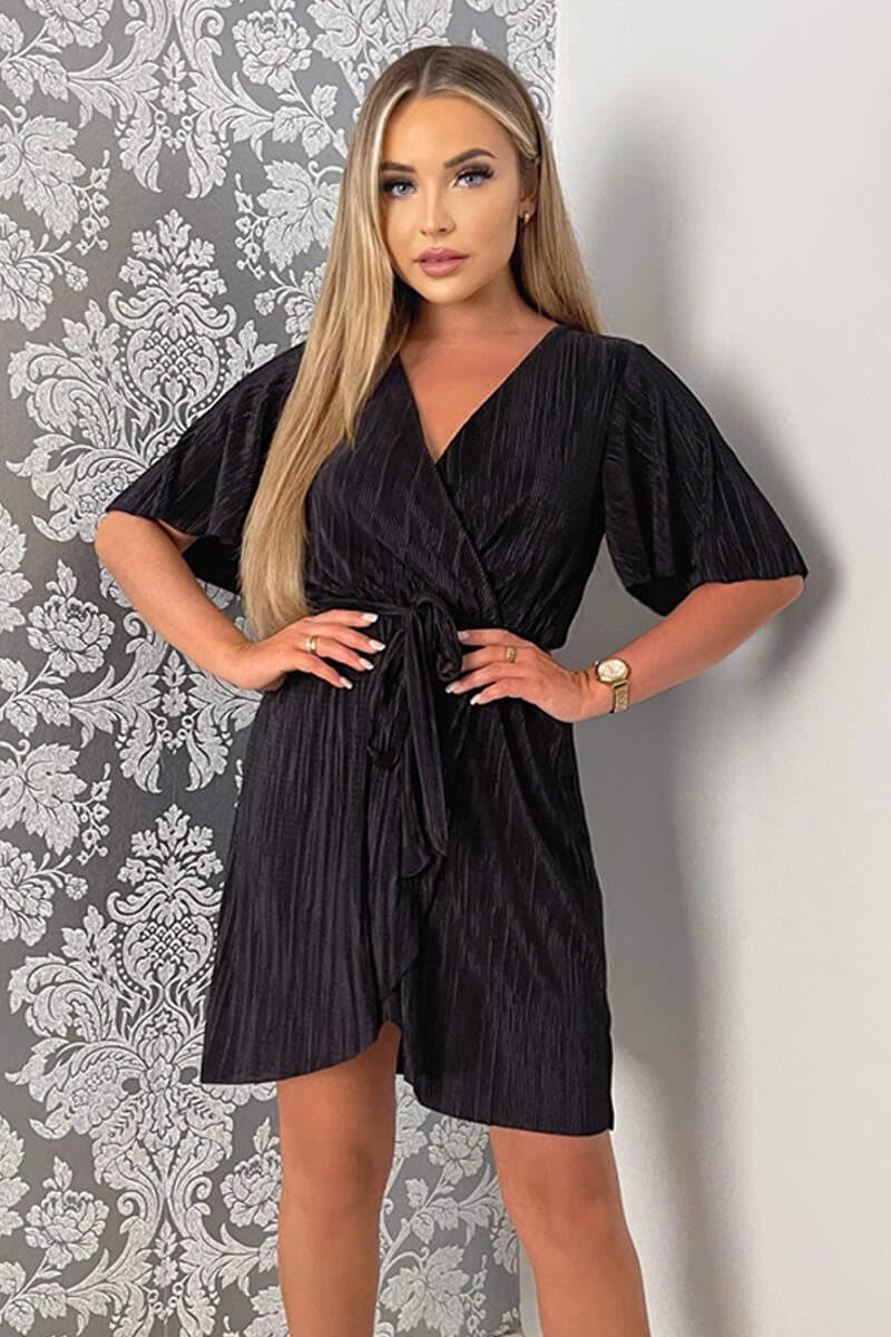 ax paris Black Wrap Top Belted Short Sleeve Plisse Mini Dress