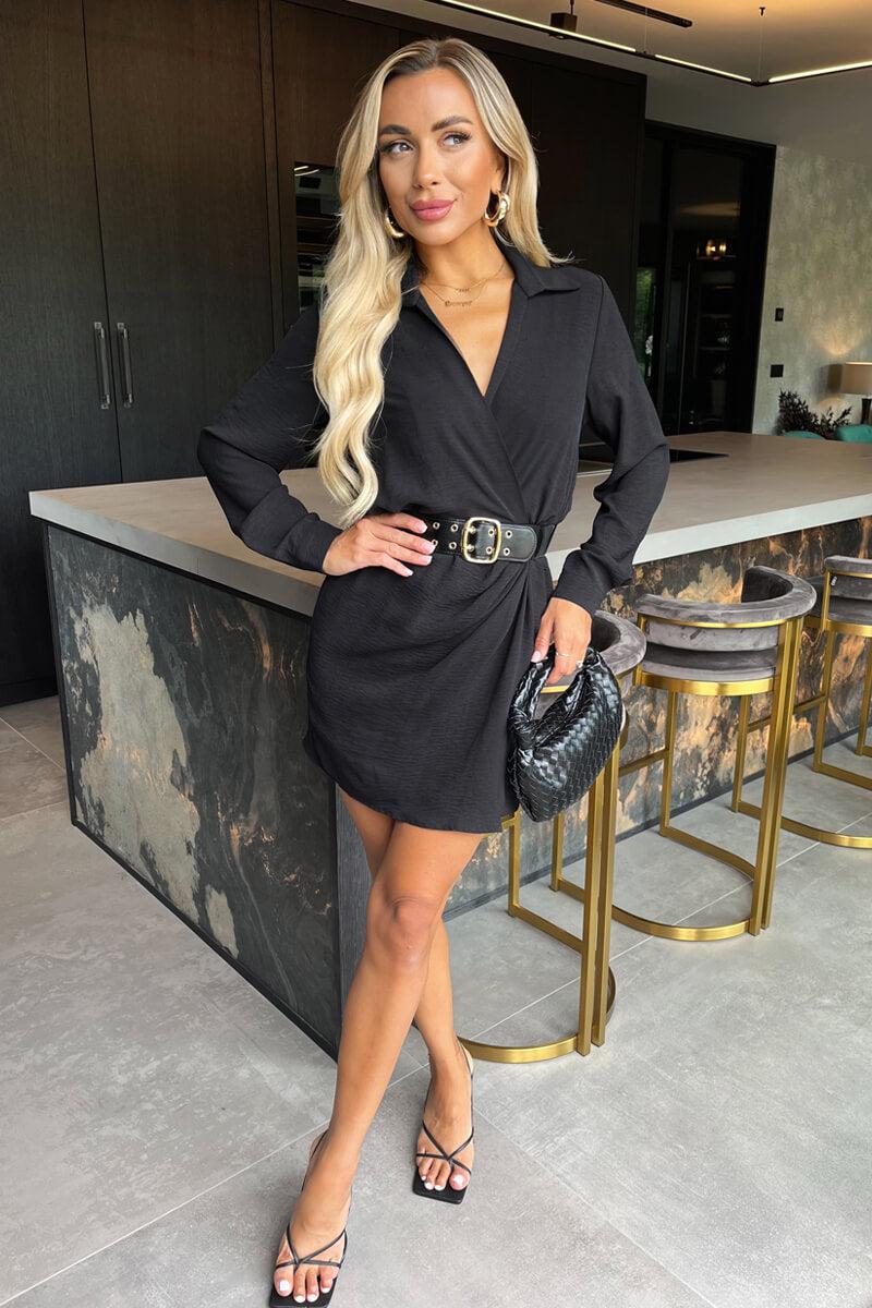 Ax Paris Black Wrap Top Long Sleeve Belted Mini Dress